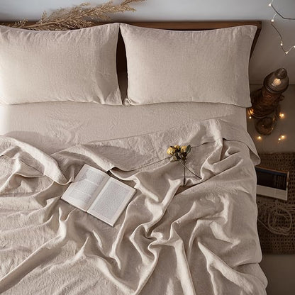 LBRO2M 100% Pure Linen Sheet Set Deep Pocket Up to 16" Bed Sheets Sets, Natural Flax Beddings Soft, Breathable, Comfortable for All Seasons 4 Pcs Sheet Set California King Size, Linen Color