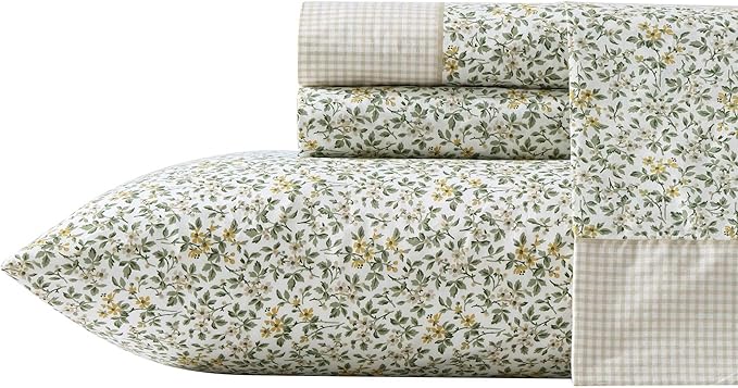 Laura Ashley - Full Sheet Set, Breathable Percale Cotton Bedding with Deep Pockets, Chic Home Decor, Oeko-Tex Certified (Tierney Green, Full)