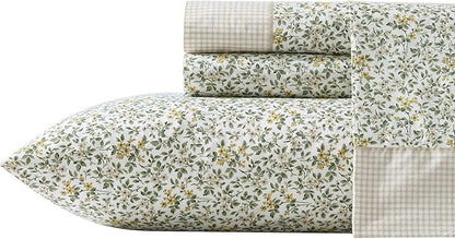 Laura Ashley - Queen Sheet Set, Breathable Percale Cotton Bedding with Deep Pockets, Chic Home Decor, Oeko-Tex Certified (Tierney Green, Queen)