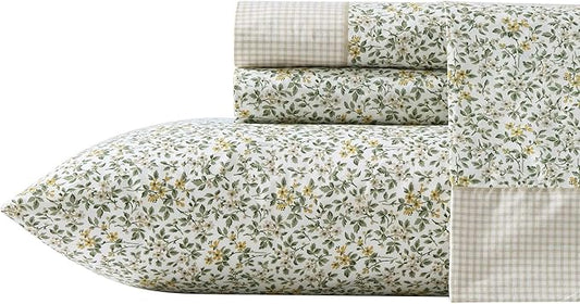 Laura Ashley - Twin Sheet Set, Breathable Percale Cotton Bedding with Deep Pockets, Chic Home Decor, Oeko-Tex Certified (Tierney Green, Twin)