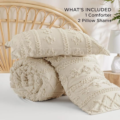 Bedsure Tufted Boho Comforter Set California King Size - Beige Boho Bed Set, GentleSoft™ 3 Pieces Farmhouse Shabby Chic Embroidery Bedding, Gifts for Woman, Soft Jacquard Comforter for All Seasons