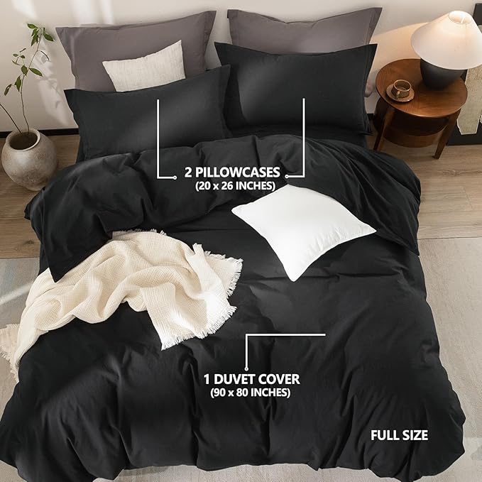 Black Duvet Cover Full Size 100% Washed Cotton Bedding Set Cover 1 Duvet Cover with Zipper Closure and 2 Pillowcases, 90inch x 80inch