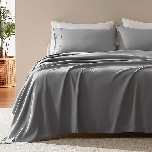 SLEEP ZONE Nanotex Super Soft Cooling Full Size Bed Sheets Set 4 Piece - Easy Care Fitted Flat Sheet & Pillowcase Sets - Wrinkle Free, Fade Resistant, Deep Pocket 16" (Gull Gray, Full)