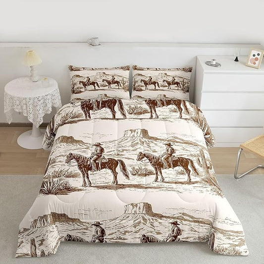 Wild West Comforter Set Full Cowboys Bedding For Man Teens Boy American Western Desert Hunting Horse Riding Bedding Comforter Sets Hand Drawn Illustration Mountain Cactus Room Decor Duvet Insert