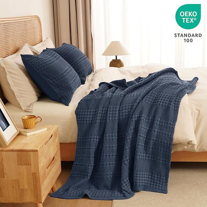 PHF 100% Cotton Waffle Weave Throw Blanket, Soft Lightweight Breathable Cozy Throws for Couch Bed Sofa, Luxury Aesthetic Blanket Gift for Home Decor & Office, 50"x60", Indigo