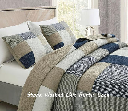 Chezmoi Collection Addy 3-Piece Navy Blue White Gray Taupe Plaid Patchwork Quilt Set - Pre-Washed Cotton Coverlet - Lightweight Reversible Bedspread, Queen Size