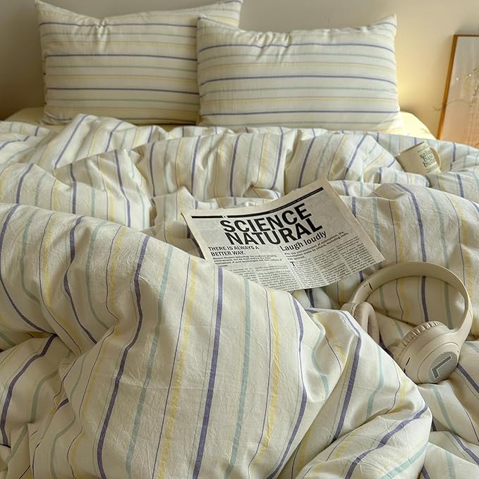 EAVD Vintage Colorful Striped Comforter Set King Soft Cotton 3-Piece Retro Vertical Striped Bedding Set with 2 Pillowcases Boho Geometric Comforter Set for All-Season(Purple&Yellow&Blue, King)