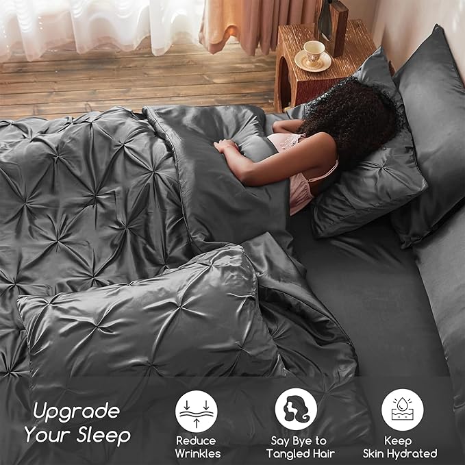 MR&HM Satin Comforter Set Oversized Queen, 7 Piece Bed in a Bag, Silky Soft All Season Bed Set, Luxury Pinch Pleat Bedding Set with Comforter, Sheets, Pillowcases & Shams, Dark Grey