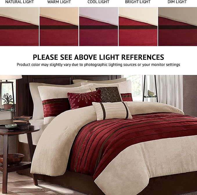 Madison Park Palmer Comforter Set-Luxury Faux Suede Design, Striped Accent, All Season Down Alternative Bedding, Matching Shams, Decorative Pillow, Bed Skirt, King (104 in x 92 in), Red 7 Piece