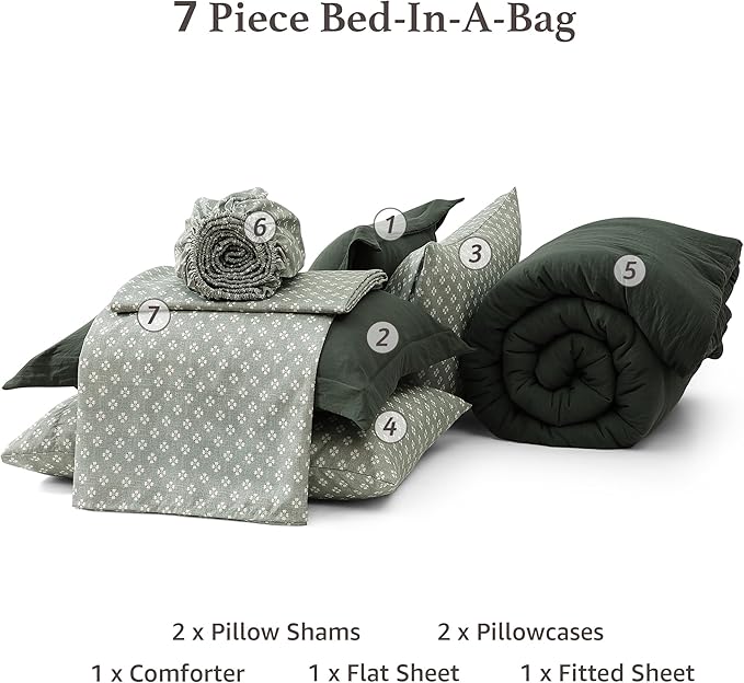 Monbix Full Size Comforter Set - 7 Pieces Deep Forest Prewashed Bed in a Bag Full Bedding Sets with Comforters, All Seasons Comforter Bed Set with Sheets, Pillowcases & Shams