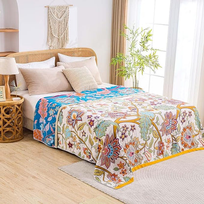 Boho Throw Blanket for Bed, 100% Cotton Soft Rustic Quilt Fall Blanket, 90"x98" Floral Printed Farmhouse Decor Bed Blankets, All Season Rustic Reversible Bohemian Throw Quilt