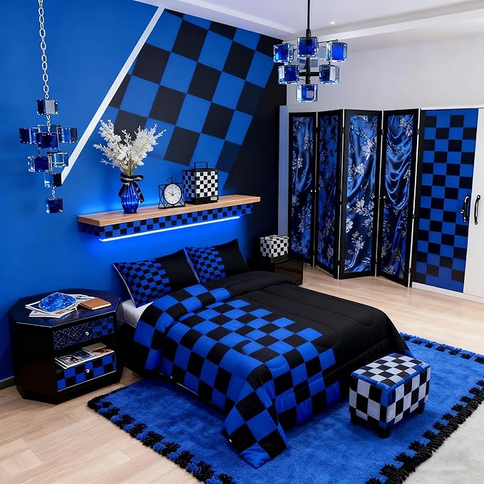 Geometric Check Kids Bedding Set King Size,Video Games Plaid Lattice Comforter Set，Modern Grid Simple Quilt Comforter,Black Blue Bedroom Duvet Insert,2 Pillowcases