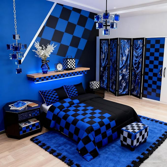 Geometric Check Kids Bedding Set King Size,Video Games Plaid Lattice Comforter Set，Modern Grid Simple Quilt Comforter,Black Blue Bedroom Duvet Insert,2 Pillowcases