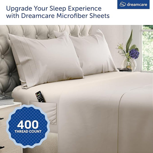 DREAMCARE King Size Sheets Set - Cooling Bed Sheets - 4pcs Set - up to 15" Deep Pocket King Sheet Set – Soft & Long Lasting Cooling - 100% Fine Brushed Microfiber with Side Pocket - Beige