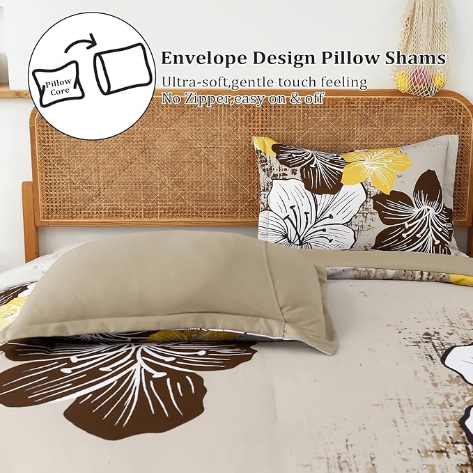 Menghomeus Brown Floral Comforter Set King Ombre Brown Bedding Lightweight Microfiber Bed Comforter for All Season, 3 Piece Flowers Comforter with 2 Pillowcases