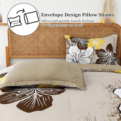 Menghomeus Brown Floral Comforter Set Queen Ombre Brown Bedding Lightweight Microfiber Bed Comforter for All Season, 3 Piece Flowers Comforter with 2 Pillowcases