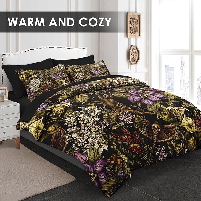 Comforter Set Queen Size, Gothic Flower Tree Plants 7 Pcs Bedding for Kids and Adults, Death Moth Green Bed Sheet Sets with Fitted Sheet 2 Pillowcases & 2 Shams for Bedroom Bed Decor
