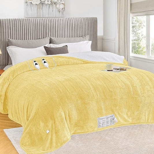 greenoak Heated Blanket Electric Queen Size 84"X90" Dual Control, Heating Blankets with 10 Levels 8 Hours Auto-Off, Soft Flannel Fluffy House Warming Gifts for Grandma Seniors Mom, Cream Yellow