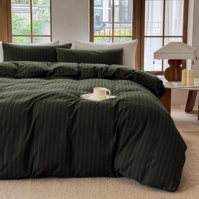Striped Duvet Cover Set 100% Washed Cotton Linen Like Soft Feelling Breathable Bedding(Olive Green/Black Strip,Twin)