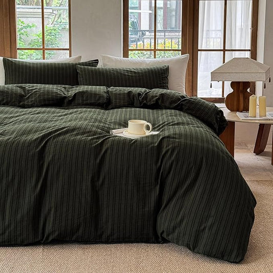 Striped Duvet Cover Set 100% Washed Cotton Linen Like Soft Feelling Breathable Bedding(Olive Green/Black Strip,Full)