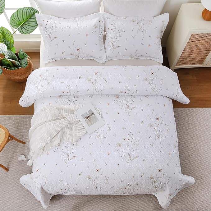 Queen Size Quilt Bedding Set, White Floral Quilt Lightweight Reversible Quilted Bedspreads Coverlets with 2 Pillow Shams for All Seasons (90"×90")