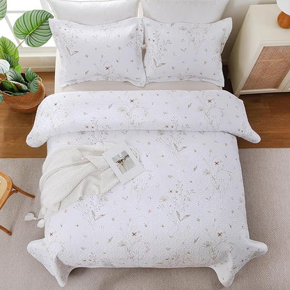 Queen Size Quilt Bedding Set, White Floral Quilt Lightweight Reversible Quilted Bedspreads Coverlets with 2 Pillow Shams for All Seasons (90"×90")