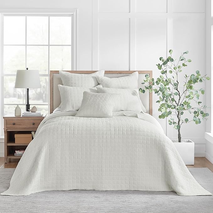 Levtex Home Mills Waffle Queen Bedspread Set (106x106in) with 2 Pillow Shams (26x20in) - Cream - Cotton Waffle Queen Size Bedspread Set - Lightweight, Soft, Pre-Washed