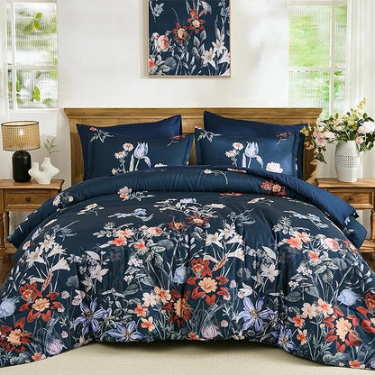 WONGS BEDDING King Comforter Set 7 Piece, Navy Blue Floral Bed in a Bag Bedding Set with Botanical Flowers Patterns, Soft Lightweight Complete Comforters with Sheets for All Season