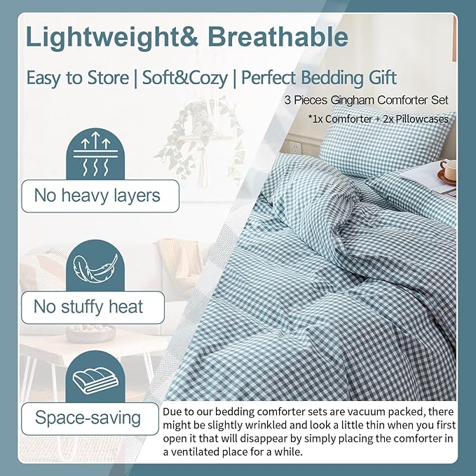 EAVD Blue Gingham Comforter Set Queen Soft Fluffy White and Blue Plaid Bedding Set with 2 Pillowcases Modern Grid Plaid Comforter Set Reversible Farmhouse Gingham Bedding Set for All-Season