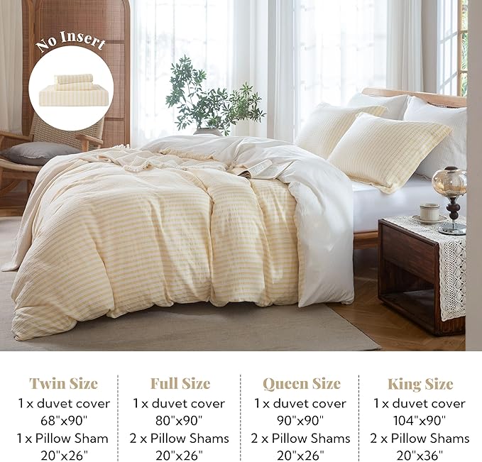 MILDLY Yellow Striped Duvet Cover - 100% Washed Cotton Jacquard Boho Textured Comforter Cover 3pcs with Corner Ties Zipper Closure 80"x90"