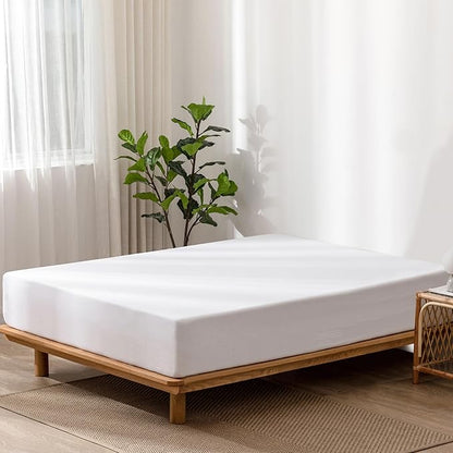 MooMee Fitted Bottom Sheet Only 100% Washed Cotton Linen Like Textured Breathable Durable Soft Comfy Deep Pocket Fits Mattress up to 17" (Bright White, Twin)
