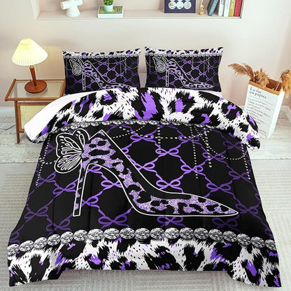 Purple Cheetah Print Comforter Set Full Women Sexy High Heels Leopard Print Bedding Set Girls High Heels Leopard Comforter Quilt Animal Bedroom Decor Cheetah Bedding Bed Decor