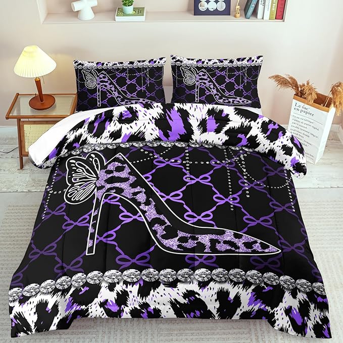 Purple Cheetah Print Comforter Set King Women Sexy High Heels Leopard Print Bedding Set Girls High Heels Leopard Comforter Quilt Animal Bedroom Decor Cheetah Bedding Bed Decor