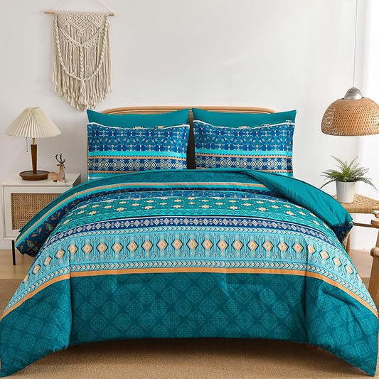 Comforter Set King Size Boho,7 Pieces Bohemian Bedding Comforter Set Striped Bed in a Bag,Turquoise Blue Paisley Floral Comfortet and Sheet Set,Soft Microfiber Bedding Sets for All Season