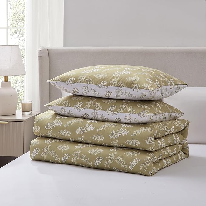 Nestl King Size Comforter Set - Olive Green Bed in a Bag King Size, 3 Pieces Reversible Bed Set, Soft Floral Bedding Set, All Season Botanical Comforters with Pillow Shams