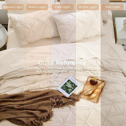 Sasttie King Size Comforter Set, 7-Piece Bed in a Bag, Pintuck Bedding Set for All Season, Includes Comforter, Flat Sheet, Fitted Sheet, Pillowcases and Pillowshams, Warm Beige