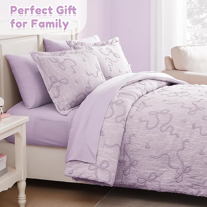 Geniospin Light Purple Full Comforter Set for Girls- 7 Pieces Bowknot Jacquard Bed in A Bag Full Bedding Sets with Sheets, Pillowcases & Shams, All Season Kids Comforter Set