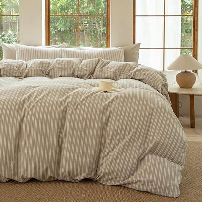Striped Duvet Cover Set 100% Washed Cotton Linen Like Soft Feelling Breathable Bedding(Strip-Beige/White,King)