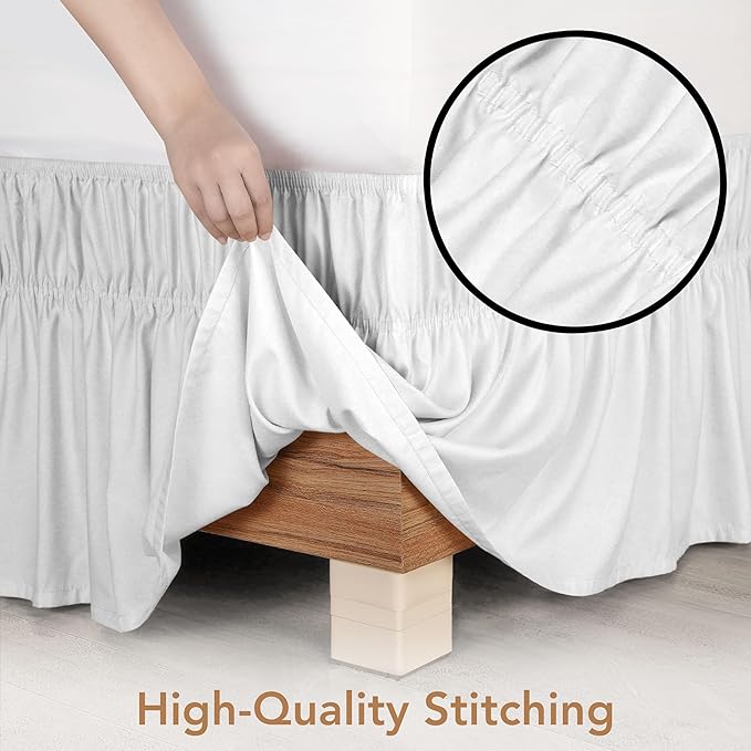 Wrap Around Ruffle Queen Size Bed Skirt – Adjustable Buckle & Elastic Belt for Easy Installation, 16 Inch Drop – Brushed Microfiber - Machine Washable, Fade and Wrinkle Resistant, White
