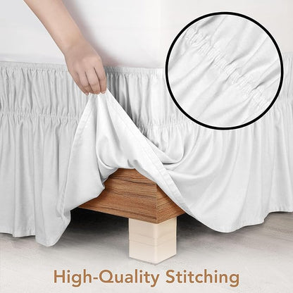 Wrap Around Ruffle Queen Size Bed Skirt – Adjustable Buckle & Elastic Belt for Easy Installation, 16 Inch Drop – Brushed Microfiber - Machine Washable, Fade and Wrinkle Resistant, White