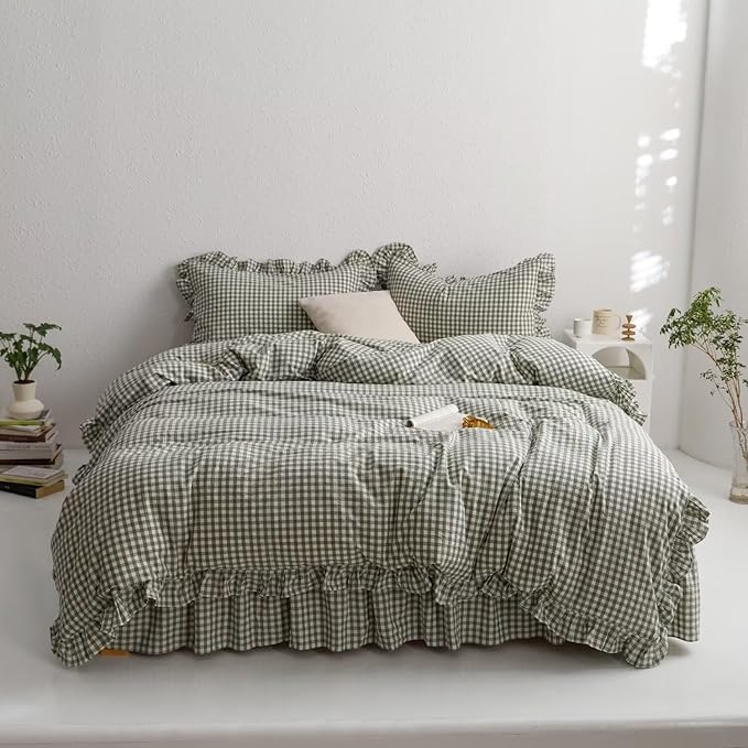 mixinni Green Ruffle Duvet Cover King Size 3 Pieces – 100% Washed Cotton, Vintage Plaid Ruffled Bedding Set with Zipper Ties, Soft Checkered Grid Farmhouse Chic Comforter Cover Set