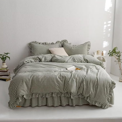 mixinni Green Ruffle Duvet Cover King Size 3 Pieces – 100% Washed Cotton, Vintage Plaid Ruffled Bedding Set with Zipper Ties, Soft Checkered Grid Farmhouse Chic Comforter Cover Set