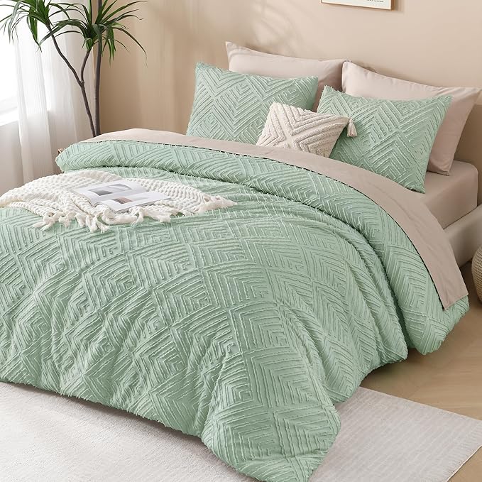 Andency Oversized King Comforter 128''x120'', 3 Pieces Sage Green Boho Bedding Set & Collections, All Season Soft Farmhouse Tufted Fluffy Bed Set (1 Comforter, 2 Pillowcases)