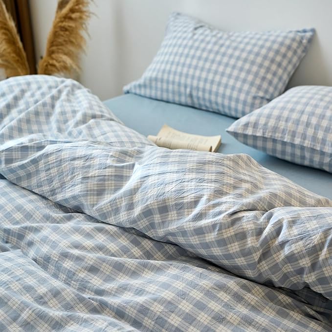 LifeTB Blue Gingham Duvet Cover Twin 3 Pieces Blue White Plaid Checkered Comforter Cover 100% Washed Cotton Farmhouse Grid Bedding Set Breathable Gingham Plaid Duvet Cover Dorm Bedding Set