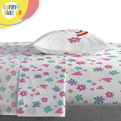 Sunny Side Up Rainbow Unicorns Twin Comforter Set - 5 Piece Kids Bedding Includes Comforter, Sheets & Pillow Cover - Super Soft Pink Floral Microfiber Bed Set