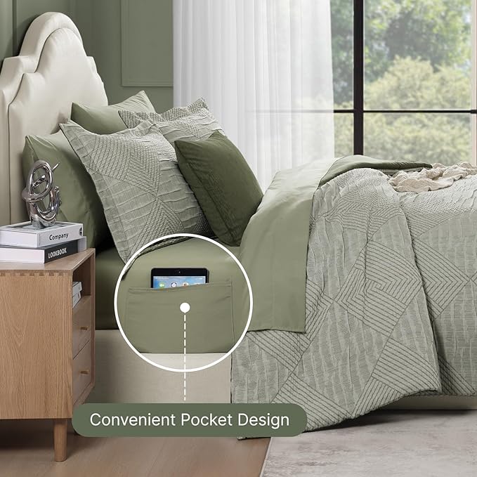 MaiRêve King Comforter Set Crinkle Textured, Light Olive Green Diamond Boho Bedding Set 7 Pieces Bed in A Bag, All Season Geometric Comforter Set with Sheets, Pillowcases & Shams