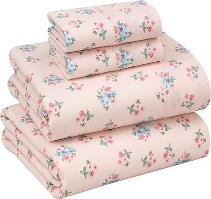 RUVANTI 100% Cotton Sheets – King Size Percale Bedding, Cooling & Breathable Floral Design, Durable with a Crisp, Soft & Comfortable Feel, 16" Deep Pocket, 4-Piece Set, Spring On
