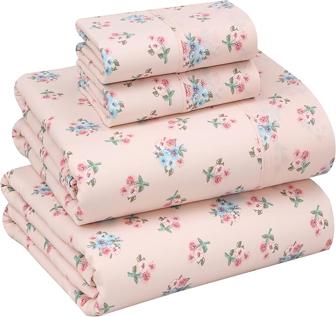 RUVANTI 100% Cotton Sheets – Full Size Percale Bedding, Cooling & Breathable Floral Design, Durable with a Crisp, Soft & Comfortable Feel, 16" Deep Pocket, 4-Piece Set, Spring On