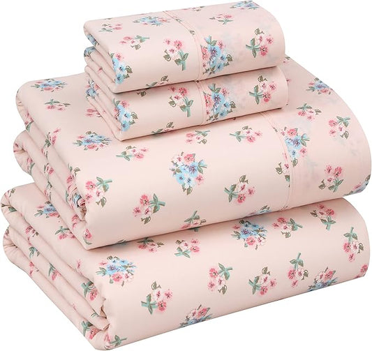 RUVANTI 100% Cotton Sheets – Full Size Percale Bedding, Cooling & Breathable Floral Design, Durable with a Crisp, Soft & Comfortable Feel, 16" Deep Pocket, 4-Piece Set, Spring On