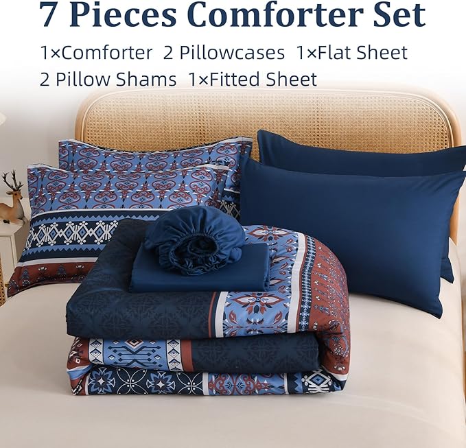 Comforter Set King Size Boho,7 Pieces Bohemian Bedding Comforter Set Striped Bed in a Bag,Navy Blue Paisley Floral Comfortet and Sheet Set,Soft Microfiber Bedding Sets for All Season